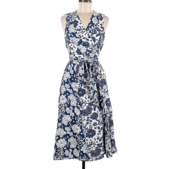 Boden 100% Silk Allyson Blue Floral Cottagecore Sleeveless Wrap Midi Dress 12R - Picture 2 of 8